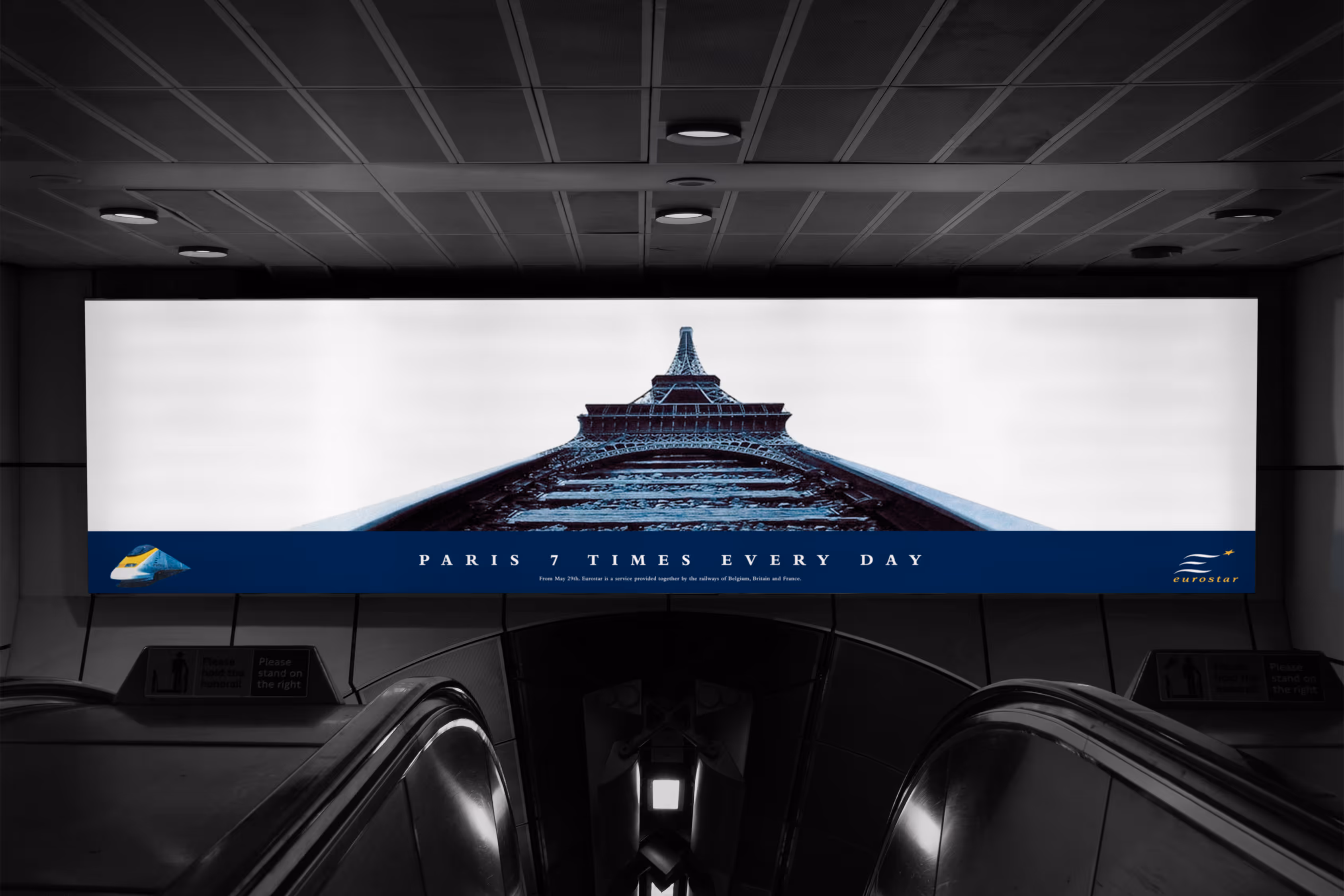 Eurostar poster, train tracks that run into the Eiffel tower as a photographic comp.