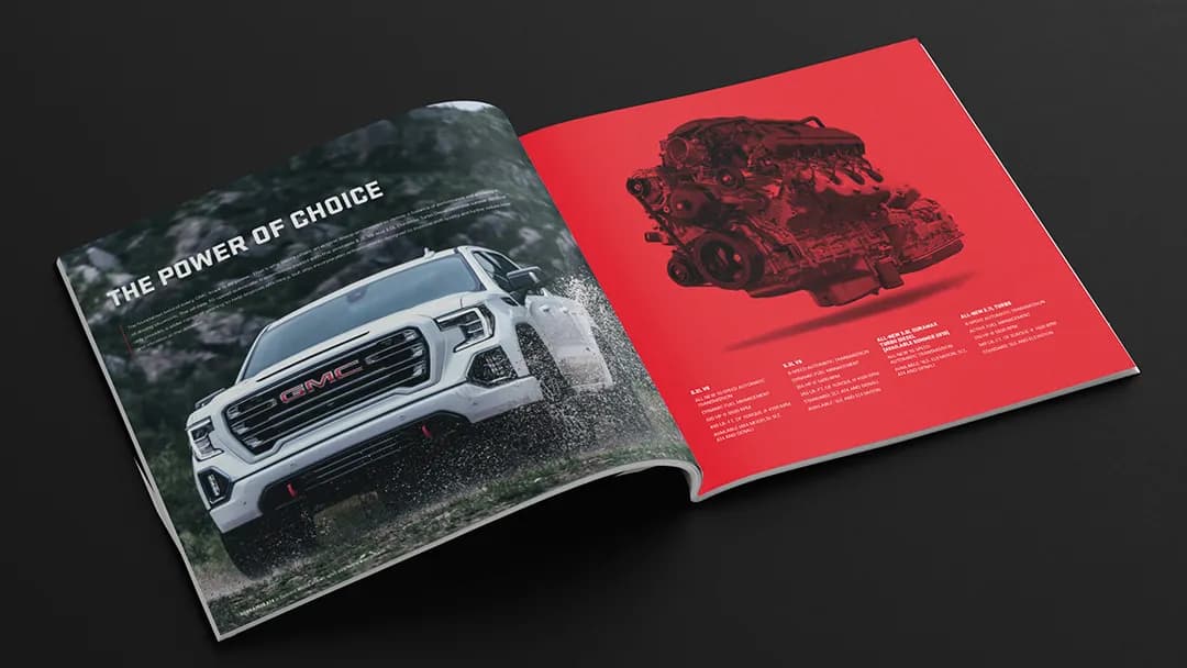 GMC Catalog Spread of Truck and engine.