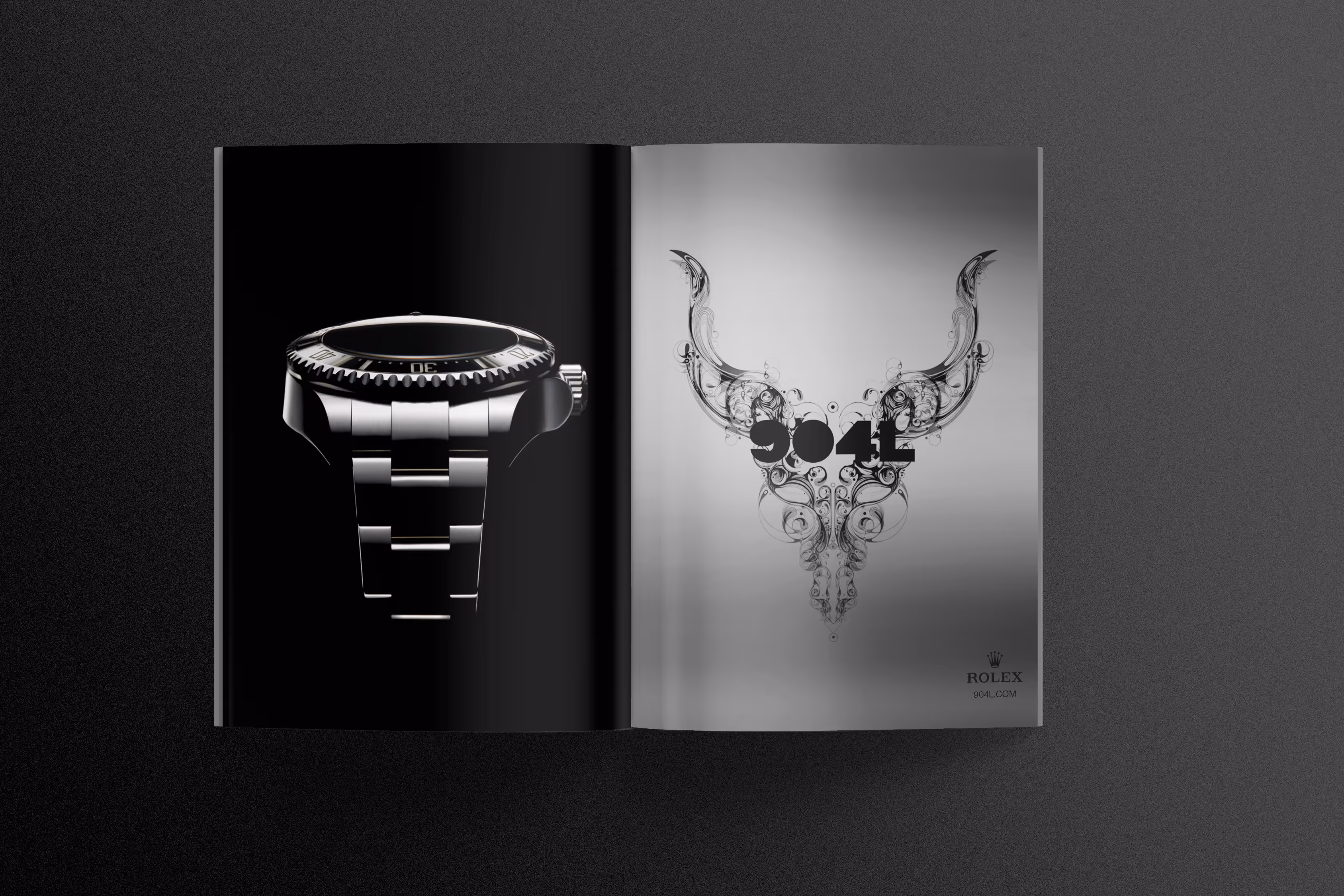 Black and white ad for Rolex. Big watch image on the left page and illustrated bull on the right.